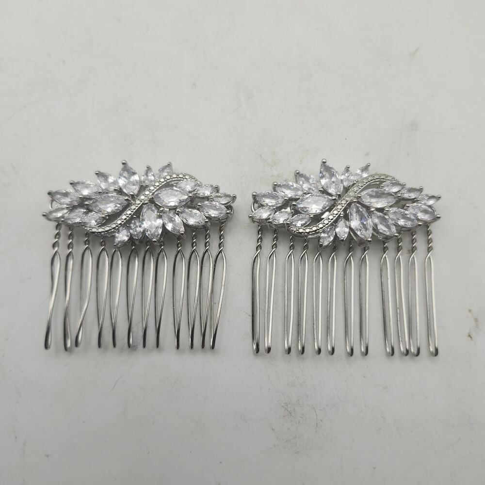 Silver Tone Rhinestone Bridal Hair Comb Pair Floral Leaf Wedding Prom Accessory